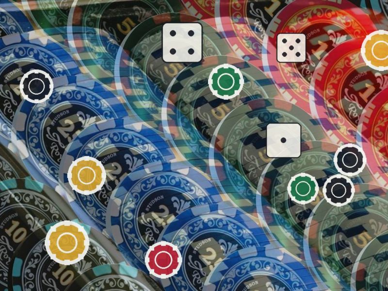 Colorful poker chips piled together with white-outlined circular markers and dice icons overlaid on top.