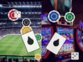 Split image showing a football stadium on the left and colorful casino slot machines on the right, with playing cards and poker chips overlaying both sides.