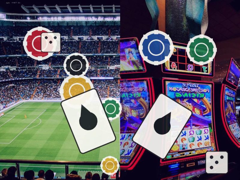 Split image showing a football stadium on the left and colorful casino slot machines on the right, with playing cards and poker chips overlaying both sides.
