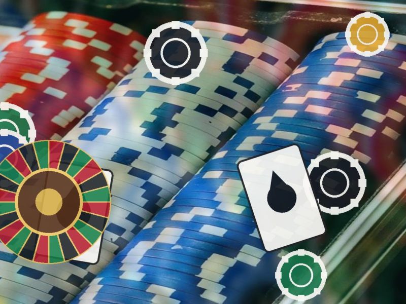 Gambling scene with colorful poker chips and playing cards, overlaid with circular gear icons as a visual motif.