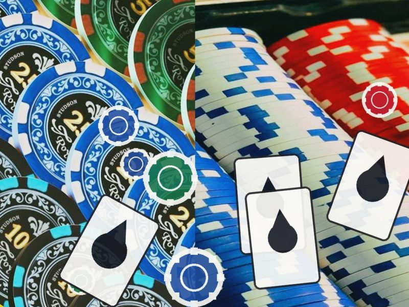 Pile of blue, green, and red poker chips with playing cards scattered on top in a colorful casino scene.