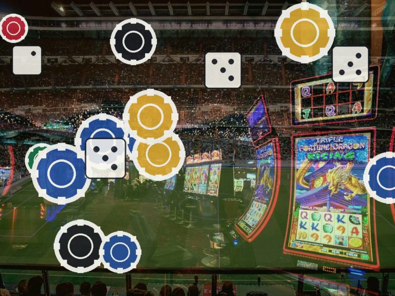 Gambling-themed image with colorful casino chips and dice overlaid on a sports arena filled with slot machines.