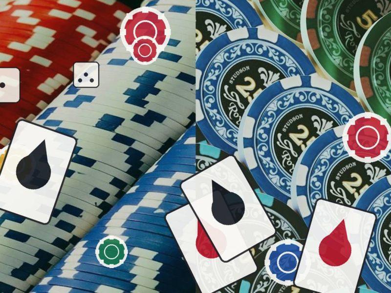 Pile of casino chips with playing cards and dice, conveying gambling theme.