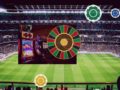 Stadium filled with spectators at night with a large colorful roulette wheel graphic overlaid and casino chip icons in the foreground, suggesting gambling at a sports event.