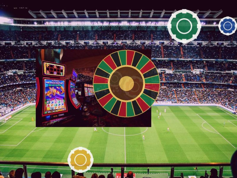 Stadium filled with spectators at night with a large colorful roulette wheel graphic overlaid and casino chip icons in the foreground, suggesting gambling at a sports event.